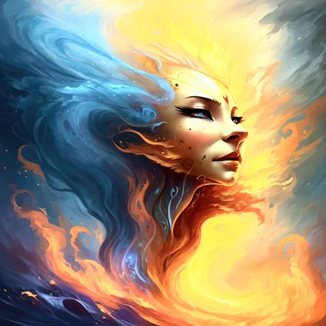 This description paints a vivid and dynamic scene with elements of fantasy and symbolism. figure represents strength and power, he is made up of mixture of wind and fire elements. Wind often symbolizes freedom and change, while fire can denote strength, ag...