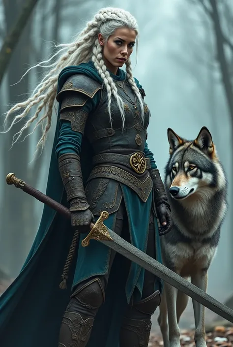 a highly detailed sexy celtic female warrior brandishing a sword, white hair in braids, accompanied by a powerful grey wolf, hyper realistic, cinematic lighting, award winning digital art, intricate details, dramatic pose, visually stunning, beautifully pa...