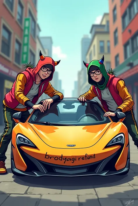 make bandits with money on car(mcclaren) and in the photo there is the inscription Brodyagi Refund. 
cartoon style may be in anime style

they may be on the side

you need two guys

inscription Brodyagi Refund  !!!