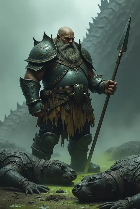 A dwarf in armor cryng the bodies of his friends that died from acid standing on his spear with a dead black dragon on the background