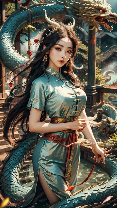 Dragon_Real, Flame Long dragon, Chinese dragon, paws, serpentine body, sharp eyes, ((best quality)), ((masterpiece)), ((realistic)), ((1 girl in Chinese clothes, flowing hair adorned with a beautiful hair ornament, standing amidst flying flower petals with...