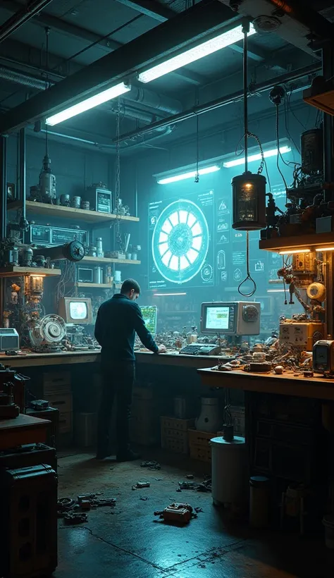 In a dimly lit futuristic workshop, a figure works among half-finished machines and robots. The scene is filled with glowing gadgets and tools, with the soft hum of technology in the air. The atmosphere feels both innovative and mysterious. (Best quality, ...