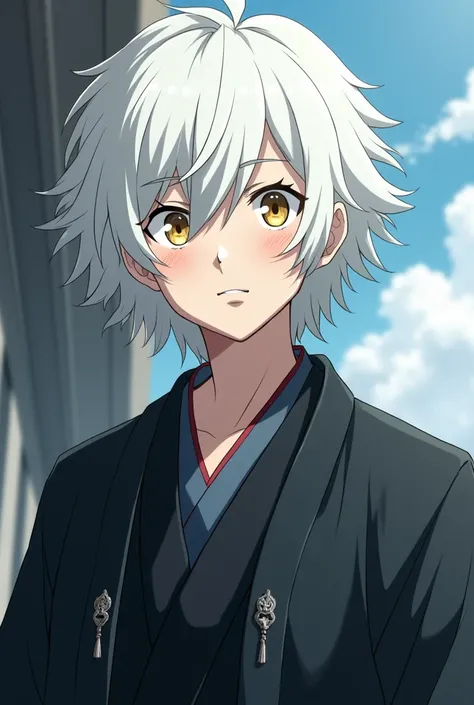 bnha screenshot of a beautiful white haired boy, with light yellow eyes and black haori