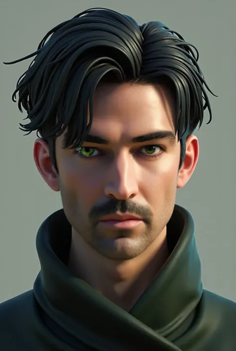 , ( Realistic 3D character). ( black hair man) ( green eyes)