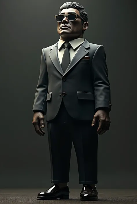 A moai with a suit and formal shoes and with Korean features and sunglasses and who is a mafia member 