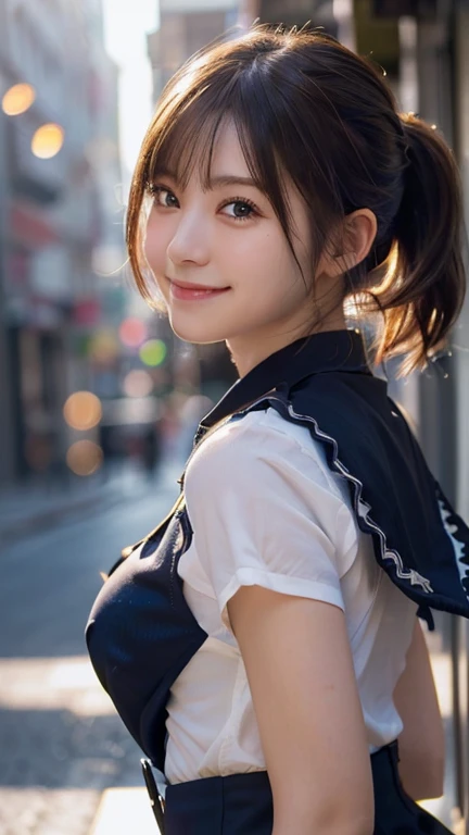 (Best Quality,masterpiece:1.3,Ultra-high resolution),(Very detailed,Caustics,8k),(Realistic:1.4,RAW shooting),1 girl,(Smiling and looking down at the camera),(Front shot:1.1),(Look forward),1,cute,Japanese,Black short ponytail,uniform,glamorous,(Big Boobs)...