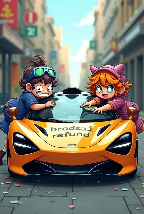 make bandits with money on car(mcclaren) and in the photo there is the inscription Brodyagi Refund. 
cartoon style may be in anime style

they may be on the side

you need two guys

inscription Brodyagi Refund  !!!