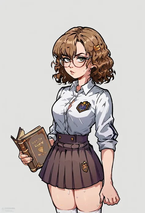 flat colors, young short girl, standing in front of you, long brown curly hair, glasses, freckles, pleated skirt and tight dress...