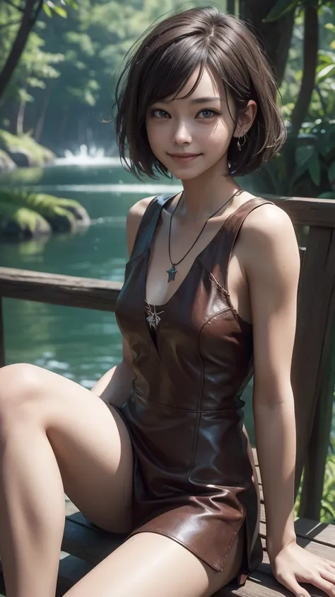 masterpiece, beautiful  girl, sitting, short hair, smile, short red dress, very detailed, the forest, lake, , Brown hair, solo, Realistic anatomy, masterpiece, Cowboy shoot, jewelry, short hair, skinny Breasts, Textured leather, Very detailed, high detail,...