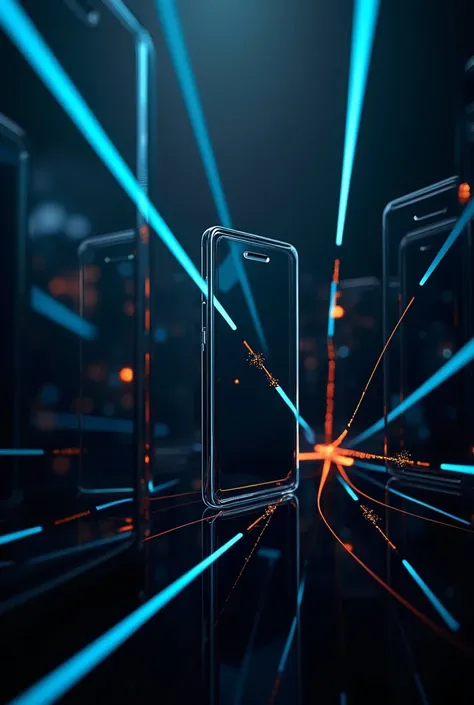 hundreds of futuristic glass cell phones black background with blue lines and orange lines 