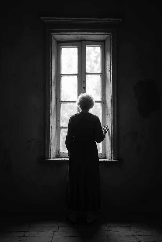 a colonial window, an old woman, backwards, looking out the window, his face is not seen, in black and white and dark walls