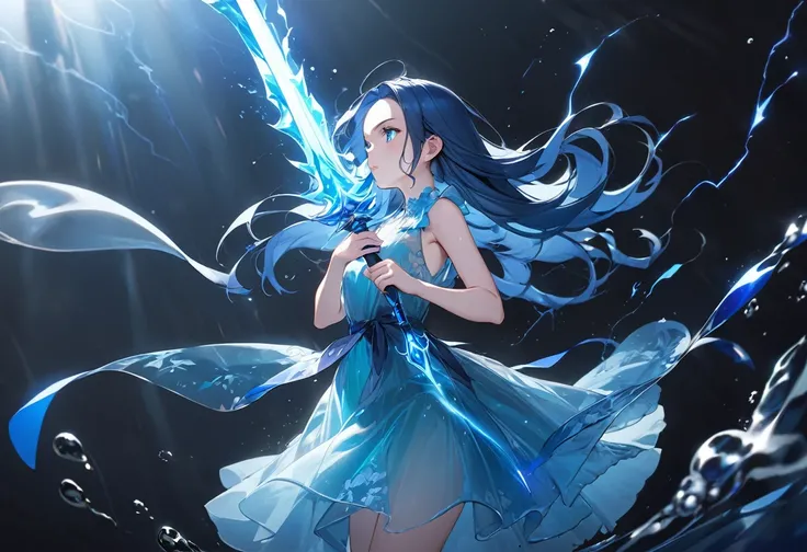 (delicate and battle style), (profile:1.5), (detailed forehead) (beautiful blue hair long hair) (immensely cute girl is 15 yo), (best blue glowing eyes), (glossy lip, serious face), in a beautiful aqua blue and See-through dress, ((hand holding a very long...