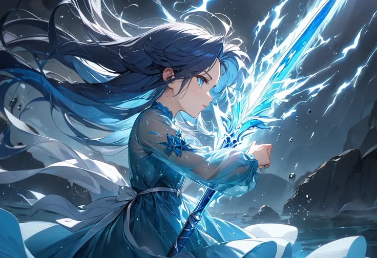 (delicate and battle style), (profile:1.5), (detailed forehead) (beautiful blue hair long hair) (immensely cute girl is 15 yo), (best blue glowing eyes), (glossy lip, serious face), in a beautiful aqua blue and See-through dress, ((hand holding a very long...