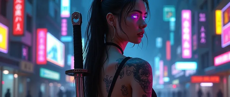 A high-resolution image of a stunning woman with a cyberpunk aesthetic. She has sleek katana attached to her back, with metallic implants subtly integrated into her skin, with glowing neon tattoos tracing intricate patterns on her face and arms. Her eyes a...