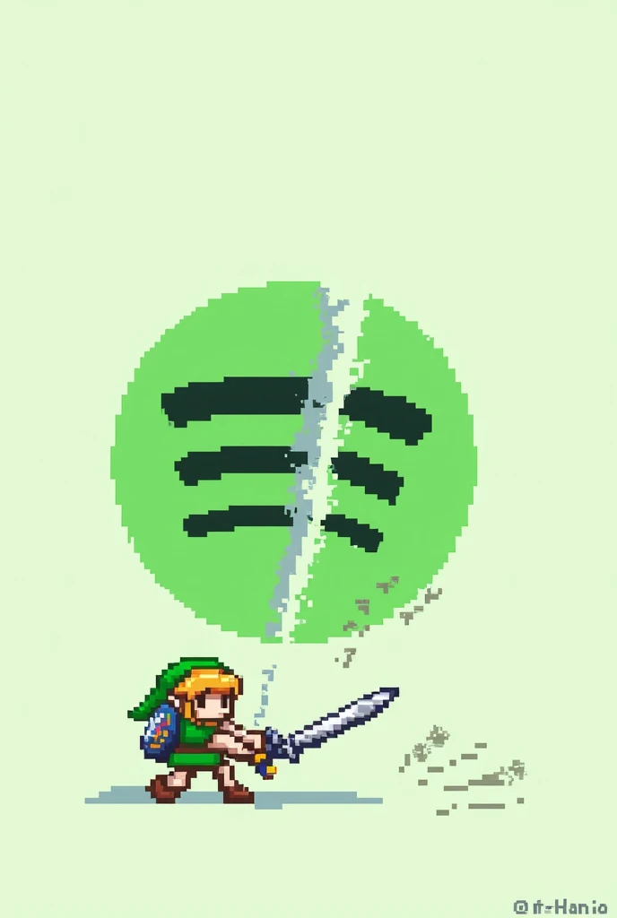 The character Link from the game "the legend of zelda" cutting the Spotify logo in half and the Spotify logo divided into two parts and the link is in cartoonized pixel ART