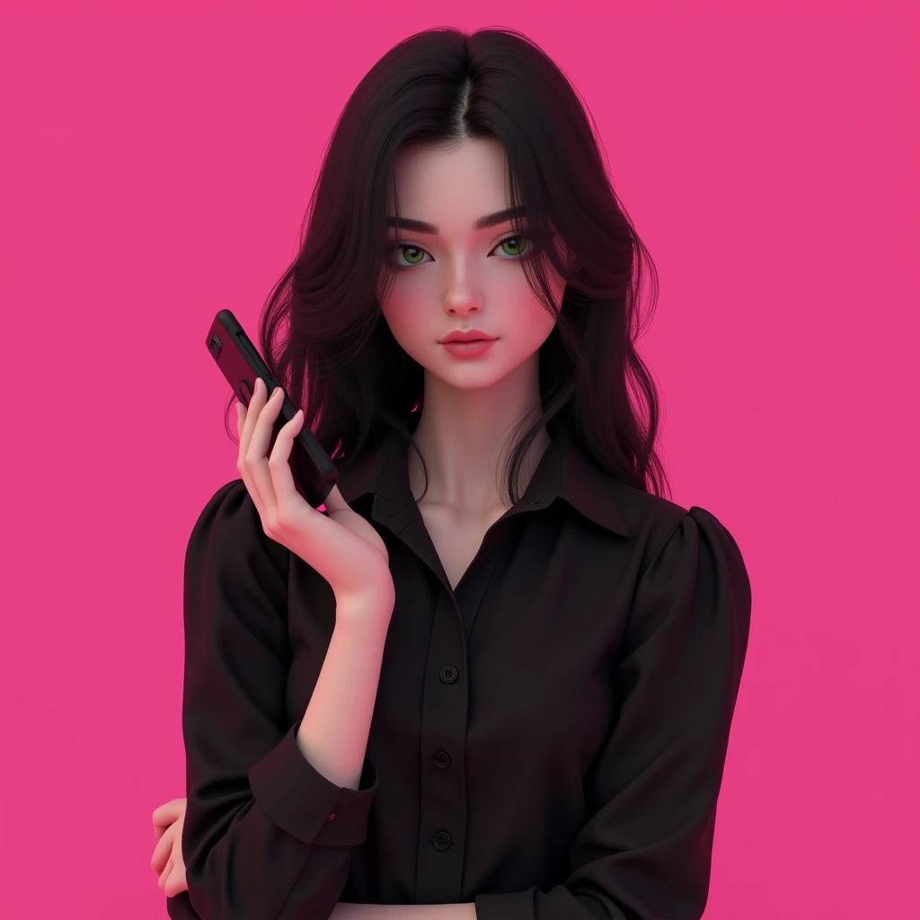 Women (3d format) (tender) (linda) long black hair, She has a short black blouse, his eyes are green, white skin, He has a cell phone in one hand, pure fuchsia background 