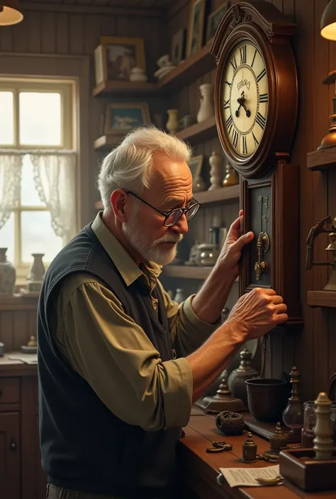 An image of an elderly man fixing a wall clock 