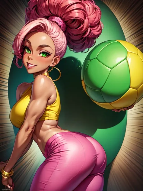 drawing of a woman in a pink top and green pants with a soccer ball, caricature!!!, caricature style, in cartoon style, caricatu...