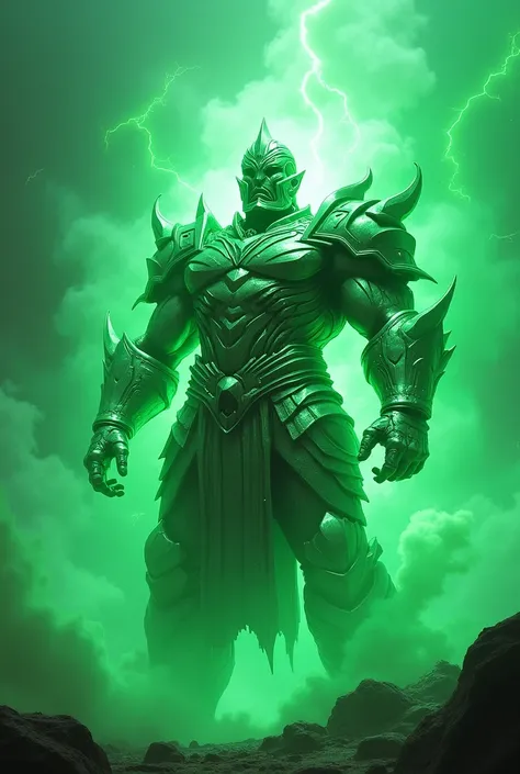 Warrior made of metal with green aura  
