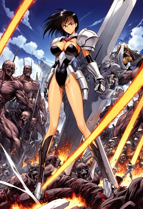 beautiful girl,Large Breasts,Long legs,armor,Giant Sword,1990s,Invincible,strong,battlefield,inflammation,Blitz,Countless corpses in the background