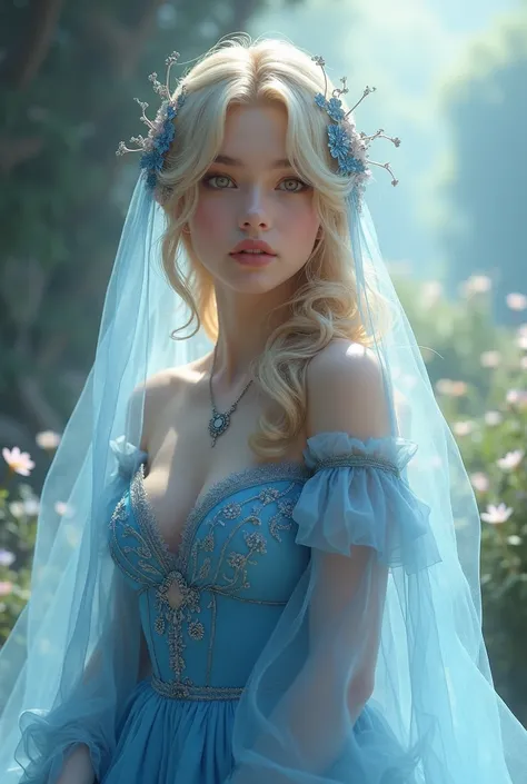 blond haired woman in blue dress with veil and veil over head, beautiful fantasy maiden, detailed fantasy art, beautiful fantasy art, blonde - haired princess, artgerm on artstation pixiv, beautiful maiden, ((a beautiful fantasy empress)), 2. 5 d cgi anime...