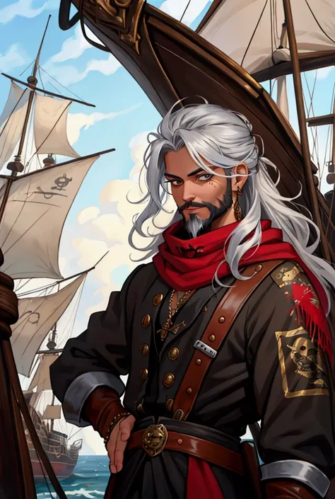 An exquisite airbrushed oil painting of an adorable young pirate with silver hair and beard. He confidently stands on a pirate ship at the helm, wearing a red scarf on his head and other jewelry. Her dark eye makeup and thick eyelashes give her a fierce, p...