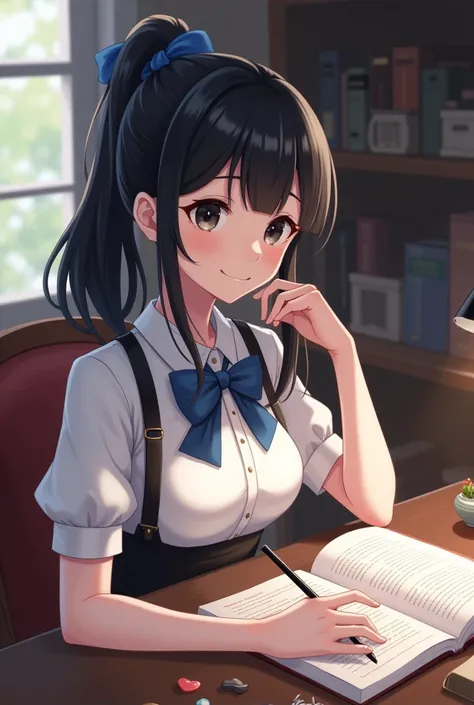 Masterpiece, Top Quality, High Resolution, Very Detailed, Detailed Background,(Fraulem Chrome, (Black Hair, Semi-Long Hair, Blue Ribbon in Ponytail),(White Blouse, Blue Short Ribbon Tie, Blue Long Skirt), Small, Neat, Black Eyes,Studying, Gentle Smile), Sc...