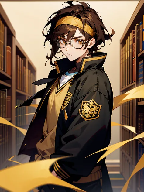 1male, brown hair, medium length hair, tied to the back, headband, black sweatshirt, glasses, gold eyes, varsity jacket, library