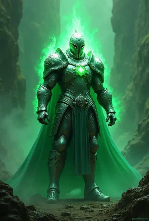 Warrior made of metal with a green aura that brings hope and protection 
