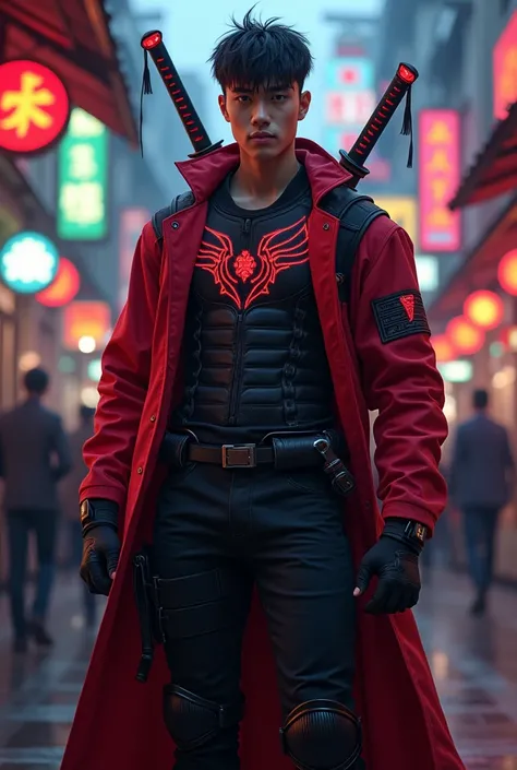 (absurdres, highres, extremely detailed, Ultra High Definition, masterpiece, hotness overload, sexiest, tall, lean, handsome young man, 20 years old, k-pop face:1.5), The Street Samurai: A tall, muscular man stands in the shadows of a crowded, neon-lit mar...