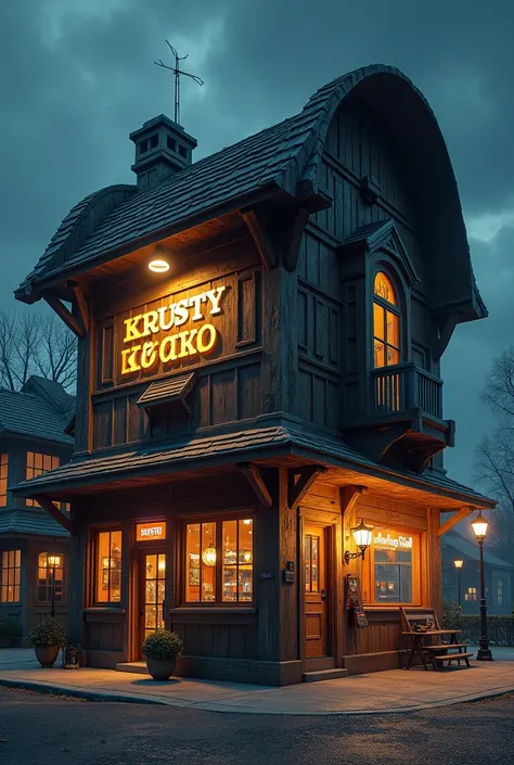 Krusty Krab, hyper realistic, best quality, dark fantasy, made out of wood, at night, make it like in the real cartoon, realistic, realism, make the house look like a chest, big and nice
