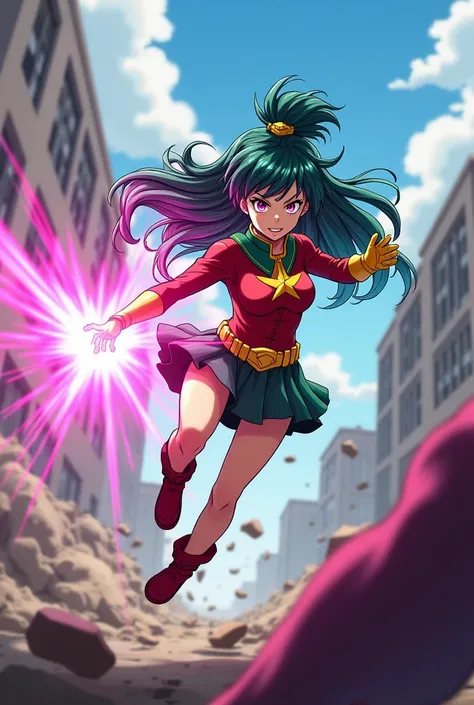 screenshot MY HERO ACADEMIA, A girl with long hair, all the colors of the rainbow ,With a wick to the north ,2-piece hairstyle, And small pink eyes, Wears a Red Green Hero Suit, yellow gloves, And short red boots, He is fighting with The Villains, to Fight...