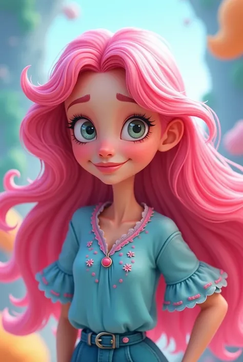 Cartoon character with loose hair, pink hair, blue blouse with some pink details
