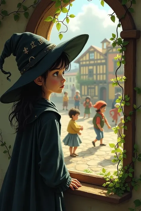 A witch girl sees through the window her friend Juan happy with other children playing 