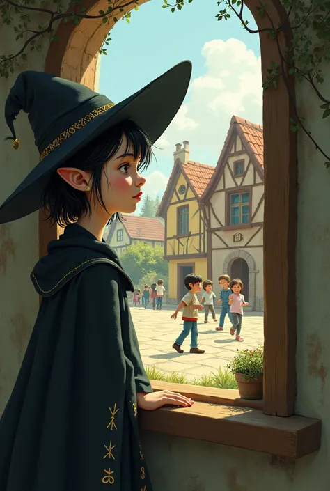 A witch girl sees through the window her friend Juan happy with other children playing 