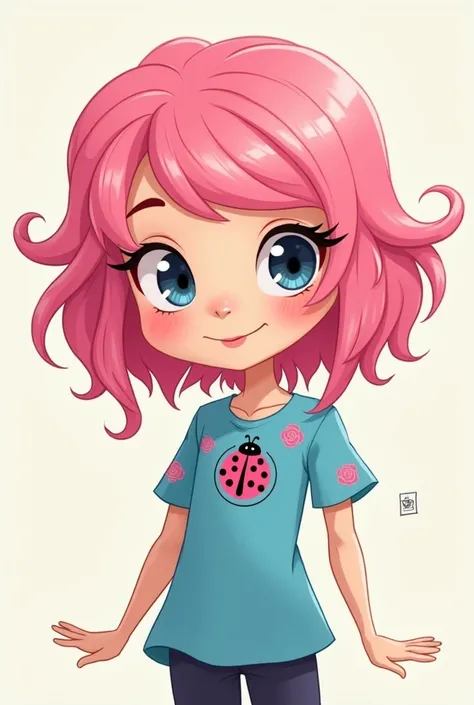 Cartoon character with loose hair, pink hair, blue blouse with some pink details With the @Ladybug FF