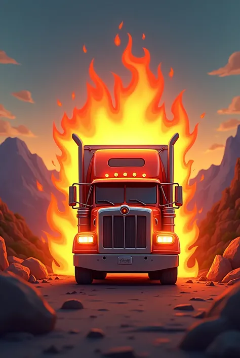 I want a tractor trailer in front and some fire in the back, that only the tips of the flames are visible Animated, not so realistic, It is for a logo that only shows the front part, Behind you can see some animated peaks of fire, NOT REAL, more lively , a...