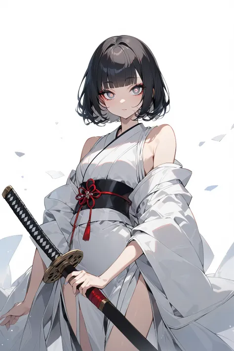 (((white Kimono dress))),(((short black bob, thick puffy bangs ))), (((very detailed face))), cosmetics-free, small thin nose, small thin-lipped mouth, (((very sharp focused eyes))), large slit precision pale grey eyes, sparkling like jewels, Long eyelashe...