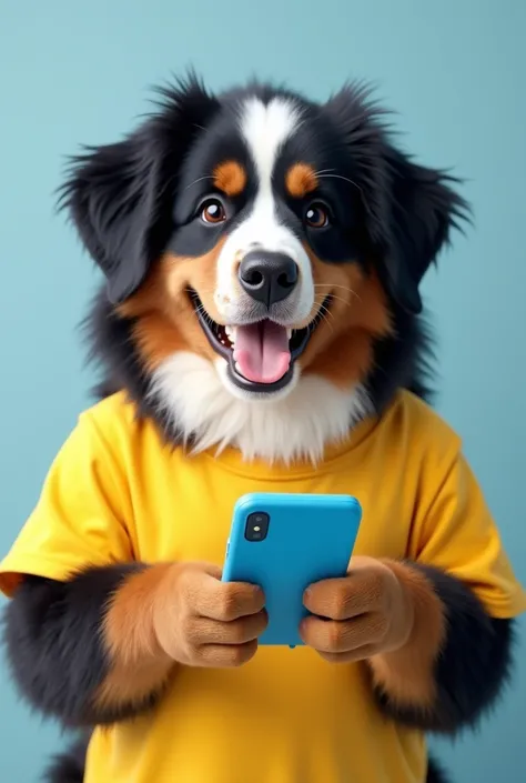 A Bernese dog with a yellow t-shirt, smiling and looking at blue cell phone