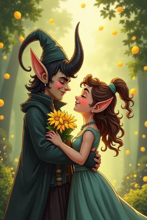 Romantic and funny illustration of a young tiefling wizard hugging a young elf sorceress with curly hair who is holding yellow flowers