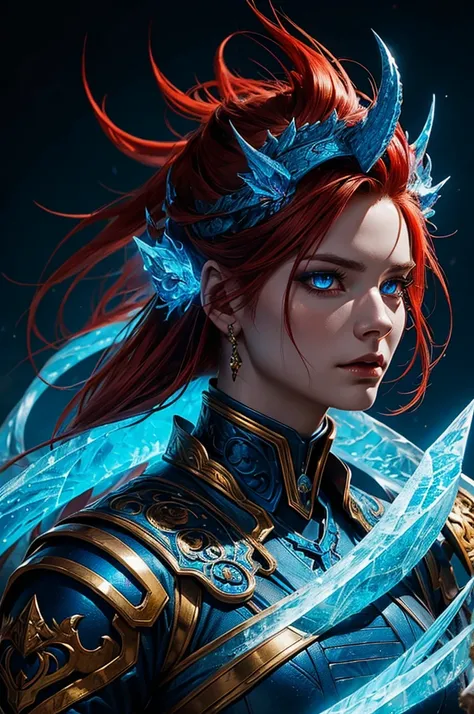 beautiful blue ice dragon woman, realistic detailed face, fire red hair, golden eyes, two tails, wearing golden armor with red a...