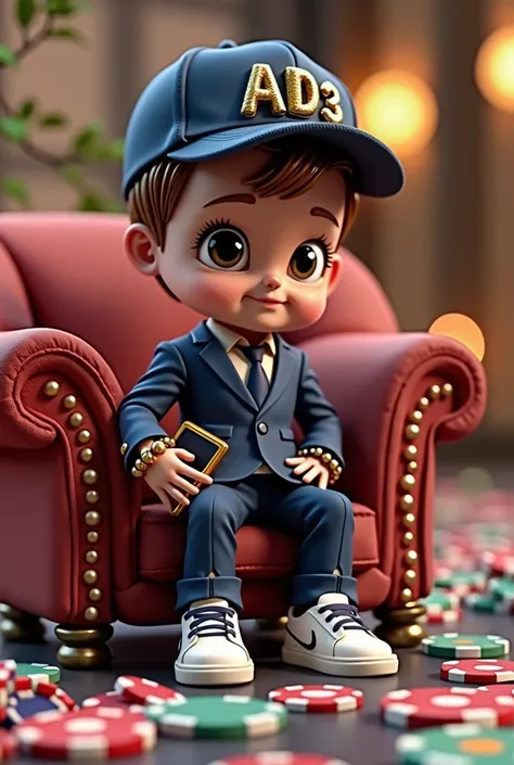 A captivating 3D digital artwork of a chibi-style AD3 Agência man, dressed to impress in his vibrant and stylish attire. His signature black eyes and short brown hair are complemented by a navy black cap adorned with his name in shiny metallic gold. AD3 si...