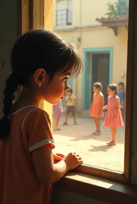 A girl looks through the window at her friend Juan happily playing with other children from the town, while she is sad 