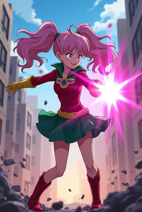 screenshot MY HERO ACADEMIA, A girl with long hair, all the colors of the pink rainbow, purple ,With a wick to the north ,2 ponytail hairstyle, And small pink eyes, Wears a Red Green Hero Suit, yellow gloves, And short red boots, He is fighting with The Vi...