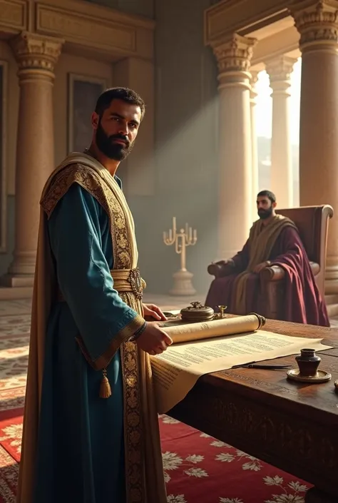 A photorealistic image in Full HD showing Daniel, figure biblical, servindo na corte do rei ciro ii da Pérsia. Daniel, of serene appearance, with short, well-groomed hair and beard, wearing Persian costumes of the time: long tunic made of fine fabric in sh...