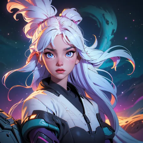 Hyper detailed, white haired girl, expressive eyes, flowing hair, iridescent cosmic background, vibrant nebula, colorful light highlights reflecting on her skin, celestial glow, dynamic lighting, ethereal atmosphere, 4K resolution, art station style