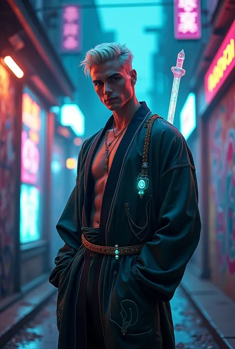 (absurdres, highres, extremely detailed, Ultra High Definition, masterpiece, hotness overload, sexiest, tall, lean, handsome young man, 20 years old, k-pop face:1.5), The Urban Shaman: A tall, muscular man stands in a hidden, neon-lit alley filled with swi...