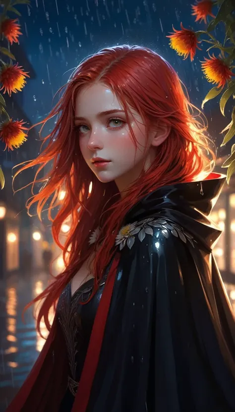 1 Girl,Solitary,1 Girl,Solitary,((Beautiful and delicate eyes)), (Detailed lighting),Depth of Field,(red hair),Silver Eyes,Hair covering one eye,(safflower ), Flowering,Long hair,Black cape,wet,callous,look back,night,Starfall,rain,FOG,safflowers falling,s...