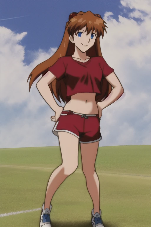 asuka, 1girl, solo, full body, long_hair, smile, blue_eyes, brown_hair, red shirt, red shorts, midriff, belly button, sky, day, cloud, orange_hair, interface-headset, red crop-top