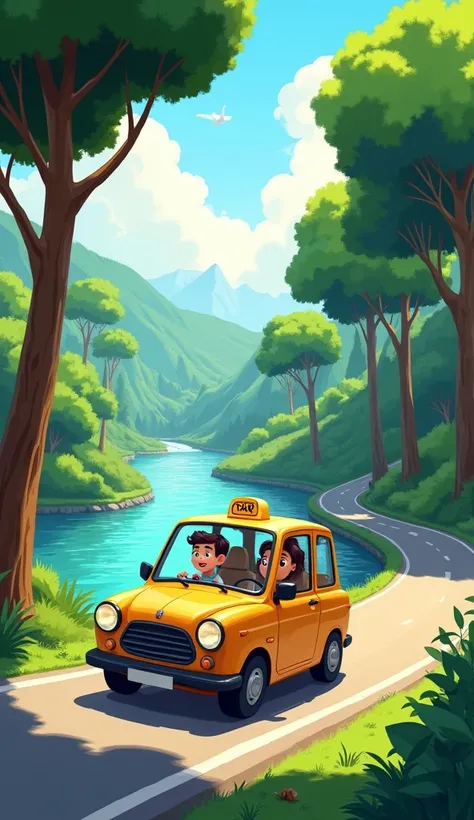 App Driver, taking a passenger, driving on a road full of trees and next to the trees a river, 

PIXAR style drawing